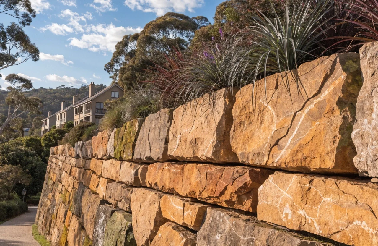 Dry-stack sandstone retaining wall with native garden planting in Newcastle residential property