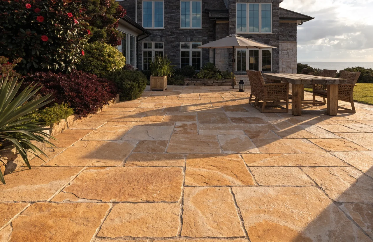 Freshly installed sawn sandstone patio at a residential property