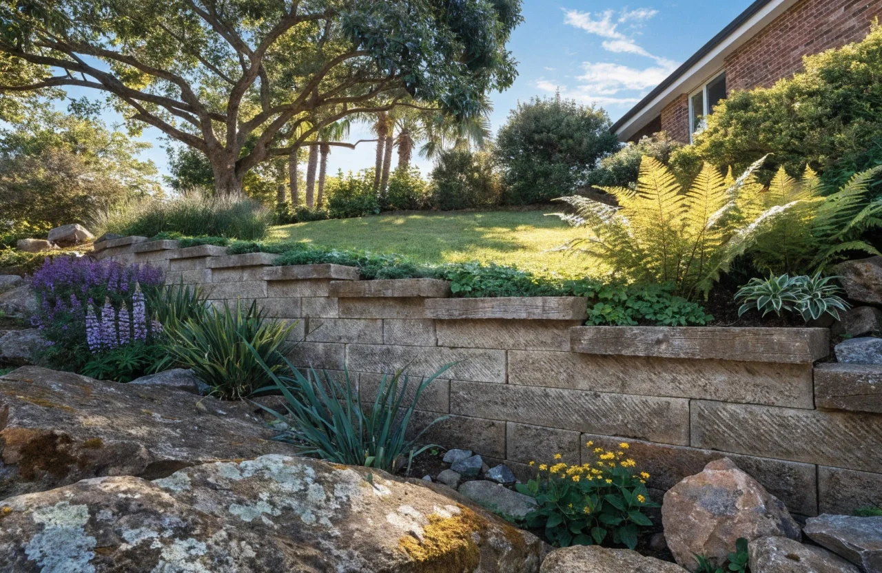 Woodgrain concrete sleeper retaining wall in a sloping Newcastle backyard