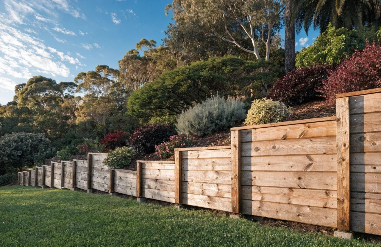 Treated pine retaining wall installed in a Newcastle residential backyard garden