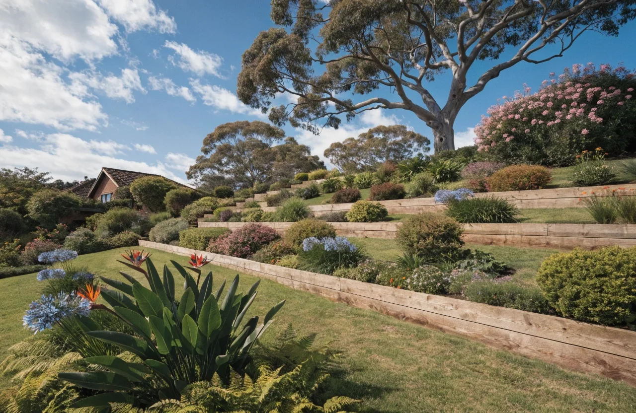 Terraced timber retaining walls stepping up a sloping backyard in Newcastle