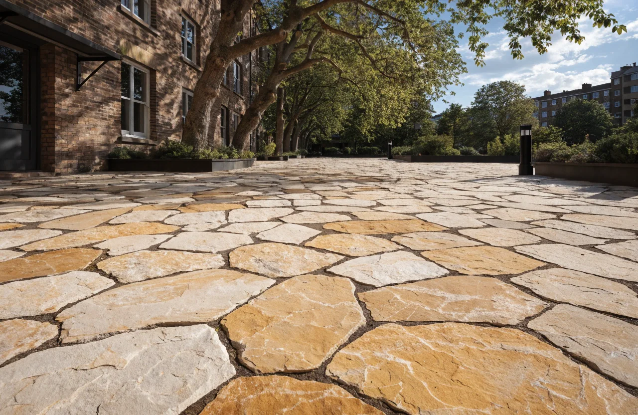 Wide view of a completed sandstone patio at a Newcastle residential property