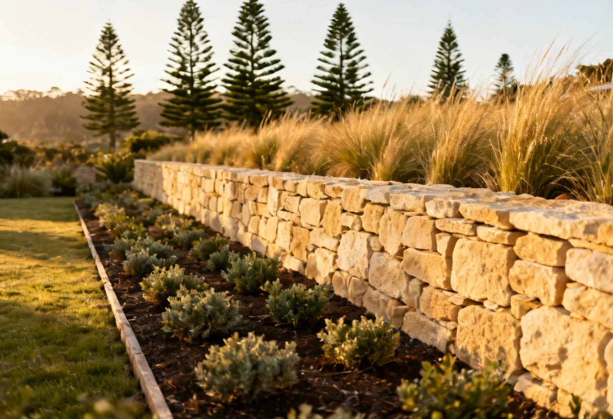 Dry-stacked sandstone retaining wall built by a Newcastle contractor