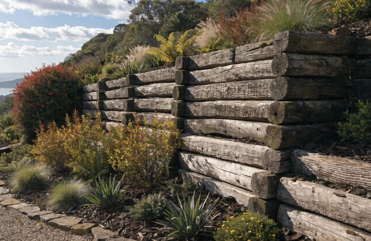 Recycled hardwood sleeper retaining wall in an Australian cottage garden
